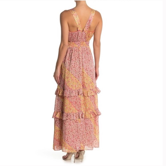 Harlyn Pink Yellow Floral Tiered Ruffle Side Cutout Sleeveless Maxi Dress XL - Picture 9 of 9